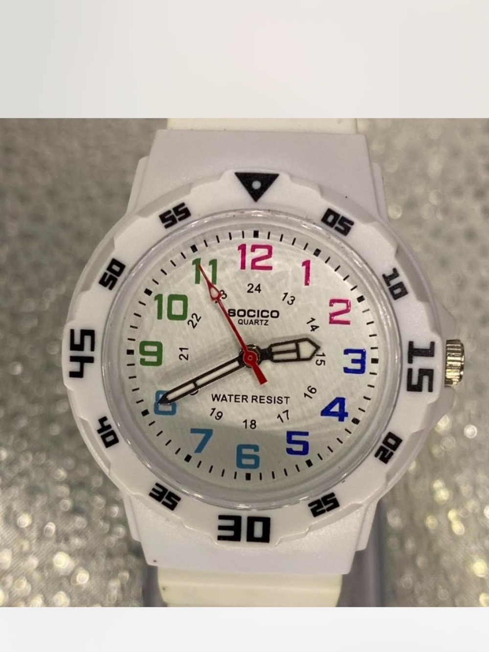 *** SOCICO  ^^^ Snow White Sport Watch /  Multicolor Numerals ***